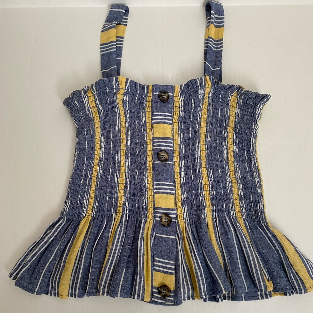 Socialite Blue & Yellow Striped Smocked Peplum Top – Size Small